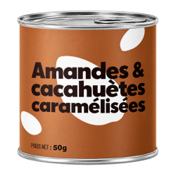 Amandes et cacahuètes caramélisées - mini can alu 50g (Bte : 48pcs)