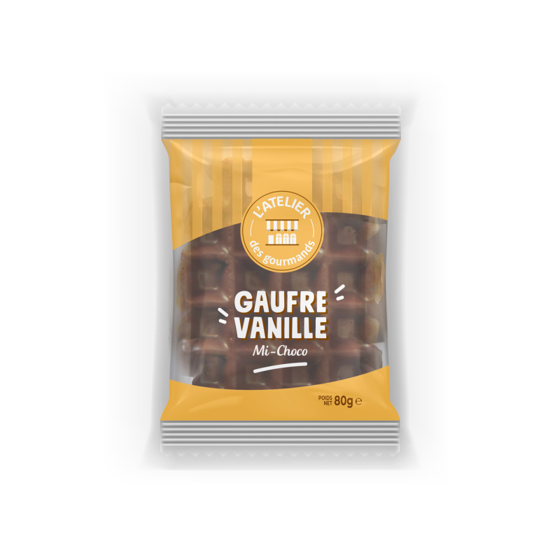 Grande gaufre au lait vanille nappée chocolat x1 80g (Bte : 30pcs) Grande gaufre au lait vanille nappée chocolat x1 80g (Bte : 30pcs)