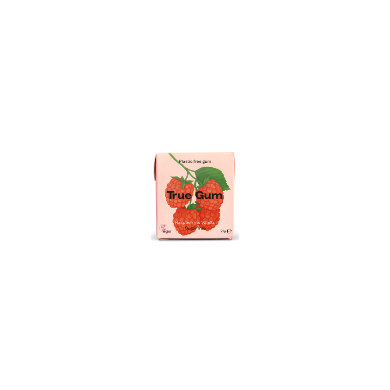 Chewing gum naturel O% plastique True Gum Framboise Vanille 21g (bte:24pcs) Chewing gum naturel O% plastique True Gum Framboise Vanille 21g (bte:24pcs)