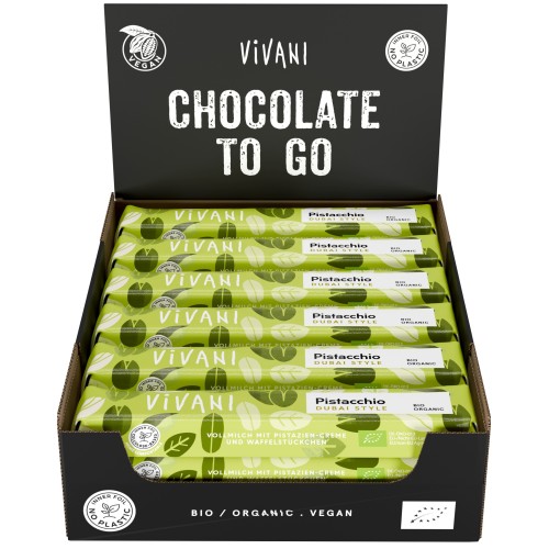 Barre de chocolat lait fourrage pistache  BIO 40g VIVANI (Bte de 18 pcs)