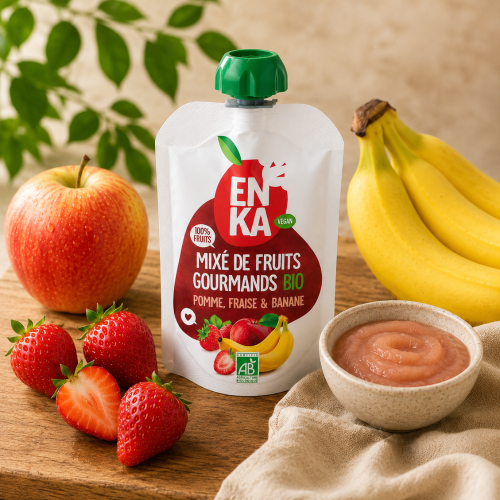 Mixé Gourmand Pomme-Fraise-Banane BIO - Gourde de 90grs (Bte : 20pcs)