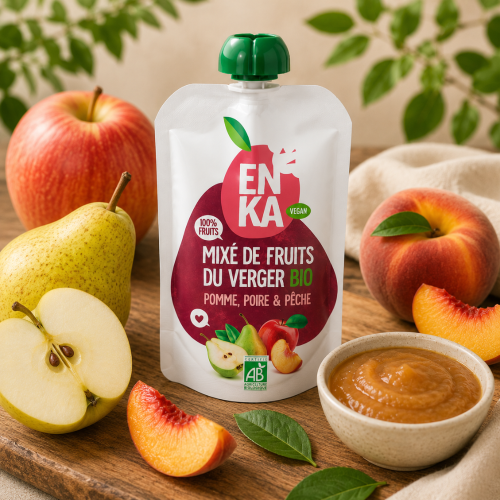 Mixé du verger pomme poire pêches BIO - Gourde de 90grs(Bte : 20pcs)