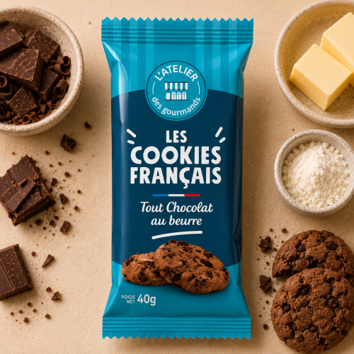 Cookies Français  beurre tout chocolat sachet fraîcheur 2pc 40grs (Bte : 80pcs)