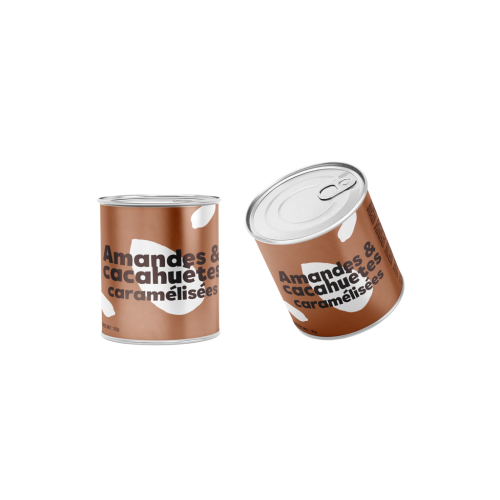 Amandes et cacahuètes caramélisées - mini can alu 50g (Bte : 48pcs)